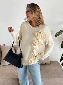 Chiquease Casual 3D Floral Knitted Loose Pullover Sweater Fall Winter