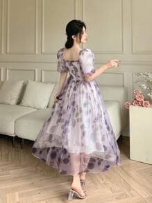 DAZY Women Mid-Calf V-Neck Pleated Rose Floral Print Casual Dress, Summer Boho Vacation Outfits Women - Mauve Purple - View 2