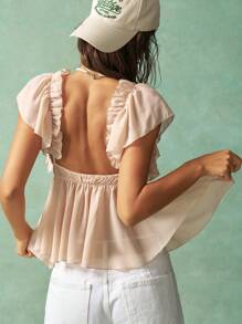 Bohemela 女士纯色编织 V 领荷叶边衬衫 - 淺粉色 - 查看 7