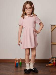 Blossori Young Girls' Pink Woven Decorative Button Collar Dress, Spring/Summer - Pink - View 5