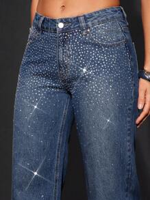 Denimoi Fashionable Date Night Rhinestone Ombre Skinny Low Rise Jeans - Medium Wash - View 2