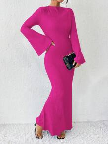 Chiquease Solid Color Trumpet Sleeve Mermaid Dress Maxi Women Outfit - Hot Pink - View 4