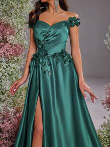 Glamrae Elegant&Luxurious Off Shoulder Satin Gown,3D Floral Design,High Slit,Ruched Flared Maxi Train Dress For Weddings,Galas,Formal Evening Party Guest - Olive Green - View 2