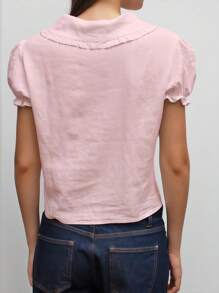 INAWLY Áo sơ mi tay bồng màu trơn đơn giản cho nữ - Hồng - Xem 2