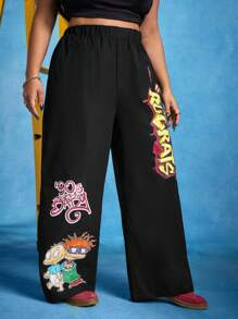 Nick 90s X SHEIN Pantalones holgados de talla grande con estampado gráfico de niños de cómics de dibujos animados negros en estilo Y2K, para primavera/verano, rave, conciertos, festivales, estilo callejero occidental vaquero, retro de los 90