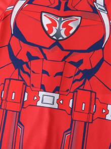 SHEIN 年轻男孩时尚酷炫图案印花斗篷背长袖连体衣，适合摆姿势、设计、时尚服装 - 紅色 - 查看 4