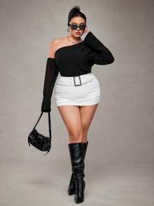 SHEIN ICON Plus Size Asymmetric Shoulder Chiffon Blouse, Sexy Office - Black - View 6
