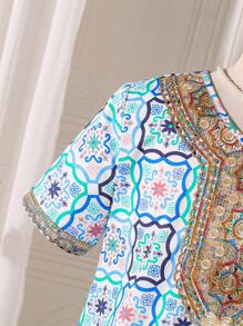 Tween Girl Retro Print Embellished Ribbon Collar A-Line Dress - Blue - View 4