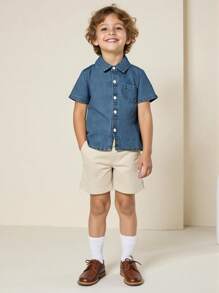 SHEIN Young Boy Summer New Denim Short Sleeve Shirt With Pocket Decoration, Casual Solid Color Thin Shirt, 2025 New Collection