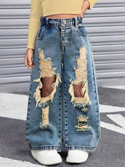 SHEIN Young Girl Y2K Vintage Blue Denim Ripped Wide-Leg Jeans, Kid Young Girl Spring And Summer Casual Vacation Country Boho Wear, Beach For Kid Young Girl, Western Street Wear For Girl, Spring Break