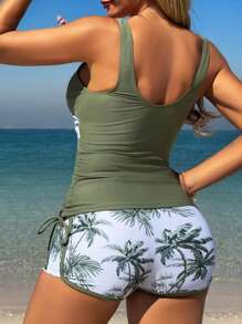 Swim Lushoire Springbreak 女士海滩度假热带植物印花休闲平角短裤包容吊带比基尼泳装 - 橄欖綠 - 查看 4
