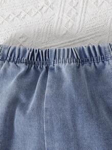 2pcs/Set Girls Butterfly Print Short Sleeve T-Shirt & Ruffle Trim Denim Jeans, Suitable For Daily Wear In Summer