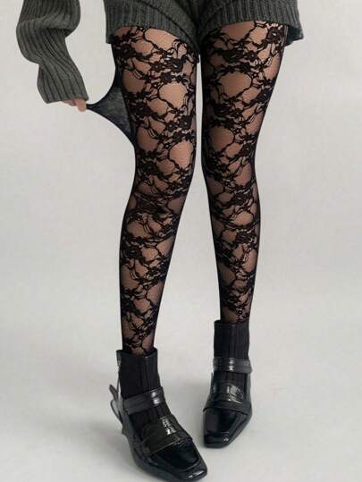 SHEIN MOOSTA Women's Lightweight Elastic Rose Lace Crochet Leggings Hollow Out Slim Fit Cropped Pants, Summer Fall Cloth For Women