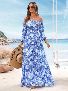 SHEIN VCAY Plus Size Floral Print Off Shoulder Casual Vacation Long Sleeve Dress - Blue and White - View 6