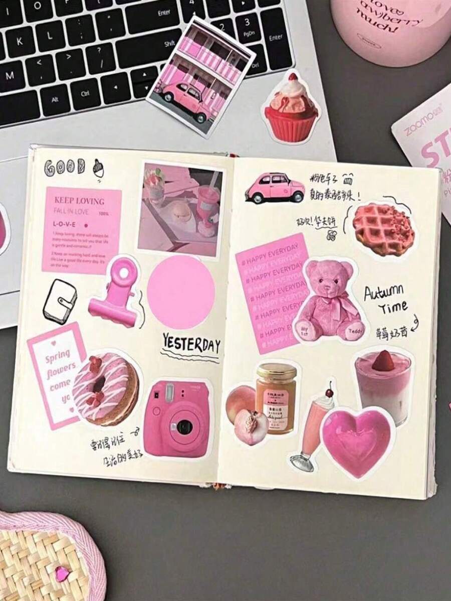 40pcs/Pack Adorable Cartoon Stickers For Multi-Purpose Decoration, Ideal For Suitcases, Journals - Pink - View 1