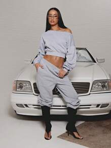 SUMWON WOMEN 露肩羊毛运动衫慢跑运动服运动服健身时尚两件套运动休闲舒适秋冬家居服