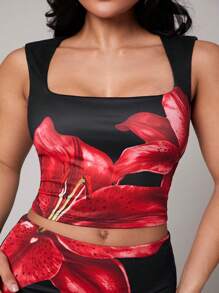Silquee Ensemble camisole col V + jupe crayon taille basse moulante pour femmes, imprimé floral, ensemble ajusté et extensible, convient pour les vacances de printemps/été, la plage, les couvre-maillots de bain, les sorties du soir, les réunions entre amies, les fêtes de plage, les fêtes de piscine, les tenues de vacances, les fêtes dans la nature, les retraites en cabane, la Saint-Valentin romantique et les sorties en amoureux, deux-pièces, encolure asymétrique