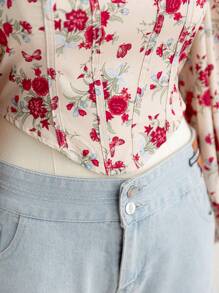 SHEIN WYWH 大码女式方领复古花卉印花灯笼袖衬衫，适合假期、秋冬季 - 彩色 - 查看 4