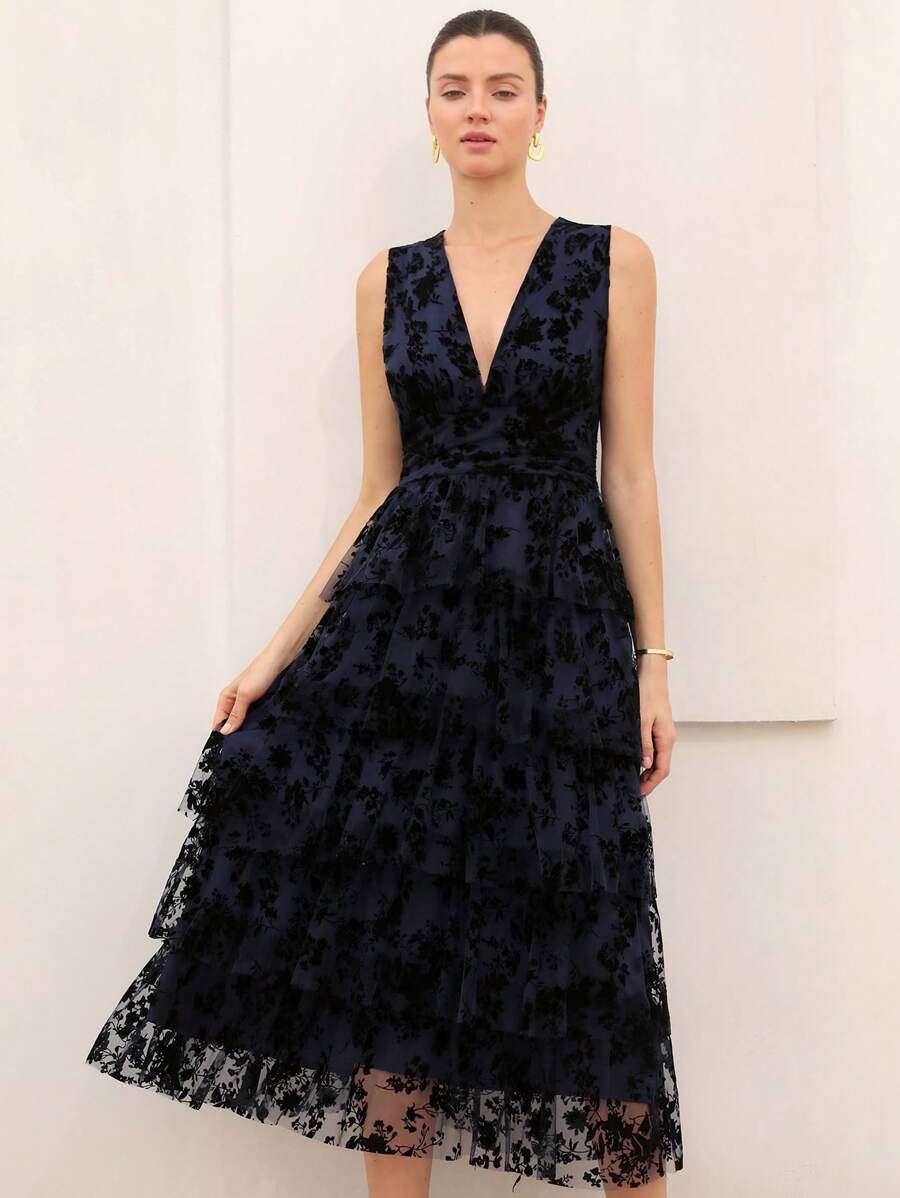 Aveloria Rosie 女式 V 领植绒镂空四层连衣裙，浪漫假日风格优雅时尚风格花卉印花，适合夏季