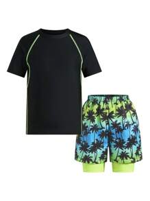 SHEIN 2pcs/Set Kids Tween Boy Casual Sports Solid Color Crew Neck Fitted Rash Guard And Print Beach Shorts Swimsuit Set