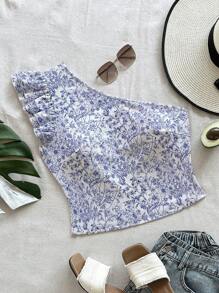 SHEIN VCAY Plus Size One Shoulder Floral Print Double-Layer Cap Sleeve Fitted T-Shirt - Blue and White - View 1