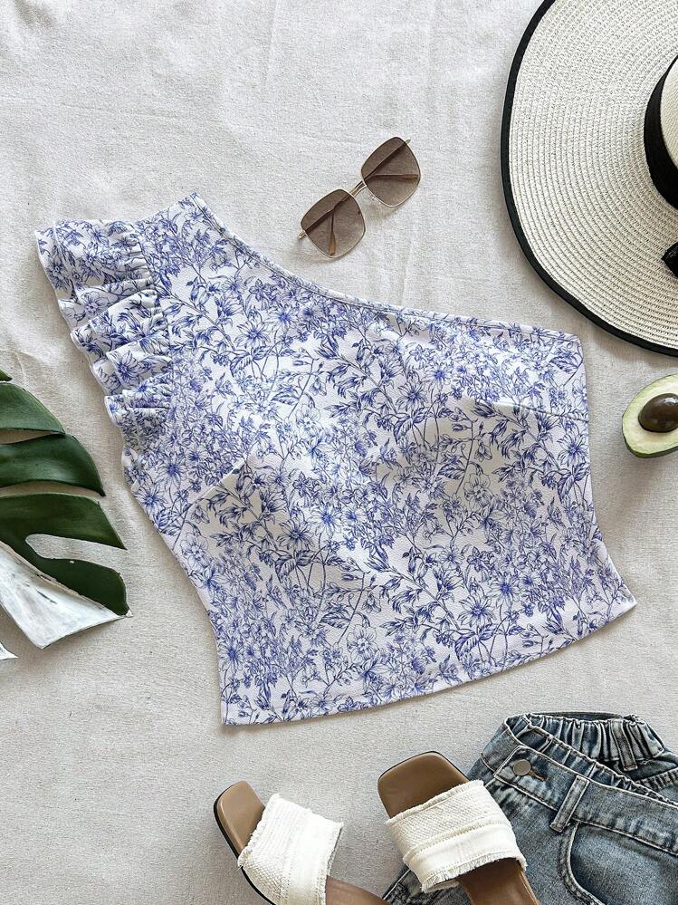SHEIN VCAY Plus Size One Shoulder Floral Print Double-Layer Cap Sleeve Fitted T-Shirt - Blue and White - View 1