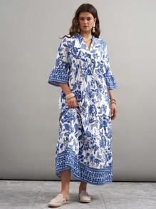 Freevana Plus Size Women's Blue And White Porcelain Print Dress Floral Print V Neck Trumpet Sleeve Maxi Dress, Vacation/Women's Dress/Women's Summer Clothing/Women's Vacation Clothing Women's Summer Clothing Elegant Vacation Clothing Women's/Bohemian Women's Clothing/Cress Long Vacation Dress, Maxi Dress Outdoor Daily Wear Essential Sundress Women's Vacation Clothing Women's Bohemian/Bohemian Dress