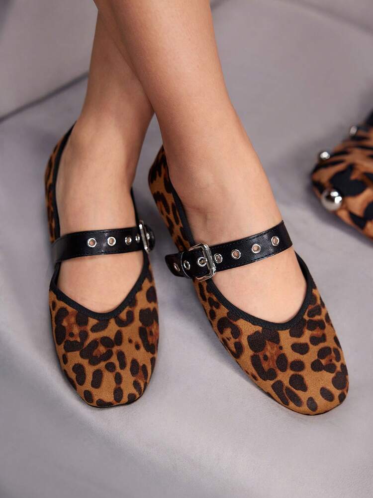 CUCCOO GRLICON Women's Round Toe Metal Decor Leopard Print Mary Jane Flats, Punk Ballet Style, Unisex, Suitable For Casual, Holiday, Summer Wear
