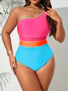 SHEIN Swim Curve Plus Size Contrast Color Contrast Mesh Floral One-Piece Swimsuit, Simple & Casual Holiday Style