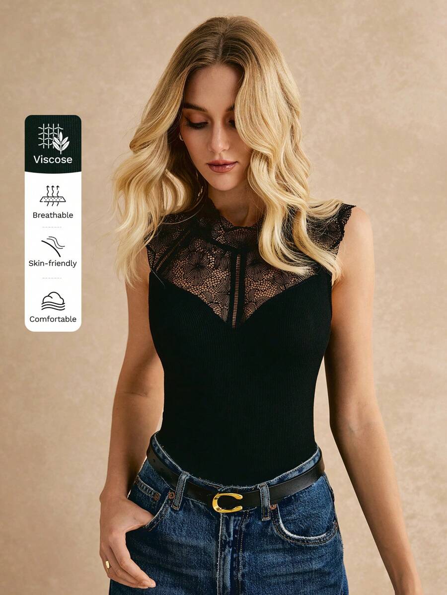 Poéselle Contrast Lace Solid Bodysuit, Elegant Style, Heart Neckline, Sleeveless, Summer Clothes - Black - View 1