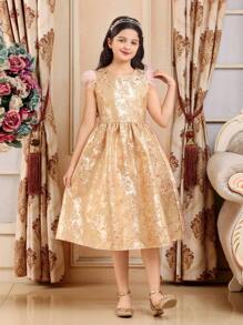 SHEIN Tween Girl Luxurious Retro Style Gold Jacquard Feather Accent Flare Dress - Pink - View 4