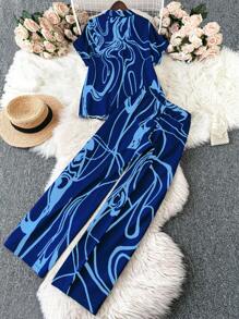 EMERY ROSE 2pcs/Set Plus Size Flowy Abstract Fluid Pattern Print Shirt And Pants - Royal Blue - View 2