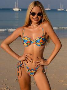 Tenues d'été pour femmes, nouveau Top court imprimé à bretelles avec ensemble de bikini mignon à nœud sur le côté, vêtements de plage