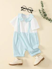 SHEIN 2pcs Set Toddler Boys Retro Plaid Round Neck Pullover Sweatshirt And Shorts, Comfortable And Cute, Spring/Summer