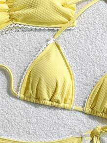 SHEIN Swim Bộ 3 đồ bơi bướm màu trơn mới cho nữ, bộ đồ bơi lãng mạn cho khu nghỉ dưỡng spa ngọt ngào - Màu vàng - Xem 3