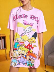 Nick 90s X SHEIN Women's Cartoon Figure Graphic Short Sleeve Nightgown