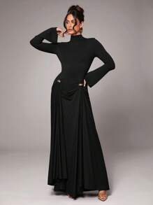 Silquee Đầm dài tay màu trơn thanh lịch gợi cảm màu nâu/cà phê có trang trí kim loại, thích hợp cho tiệc cocktail, hẹn hò lãng mạn, mặc nhiều lớp vào mùa thu/đông, tiệc tùng, đám cưới, Halloween, Giáng sinh - màu đen - Xem 4