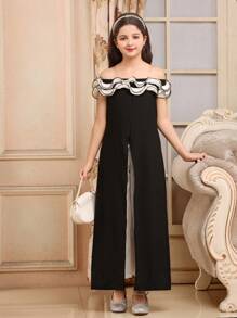 SHEIN Tween Girls Elegant Party Color Block Off Shoulder Ruffle Jumpsuit - Black - View 3