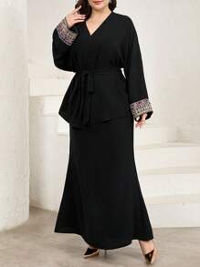 Mulvari Women Plus Size Elegant 2 Pieces Set: Long Sleeve Top With Patchwork Ribbon And Fish-Tail Hem Skirt - Black - View 4