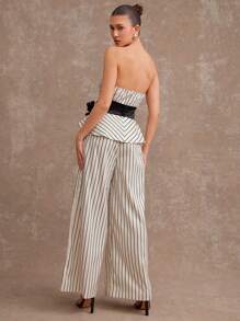 L'Amorae 2 件套条纹编织抹胸上衣和裤子 - 米色 - 查看 5