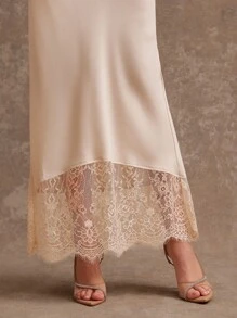 L'Amorae Solid Satin Lace Hem Detail Low Rise Midi Skirt