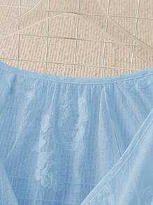 SHEIN Solid Color Floral Embroidery V-Neck Lantern Sleeve Single-Breasted Casual Shirt Fall Cloth For Women - Blue - View 4