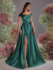 Glamrae Elegant&Luxurious Off Shoulder Satin Gown,3D Floral Design,High Slit,Ruched Flared Maxi Train Dress For Weddings,Galas,Formal Evening Party Guest - Olive Green - View 6