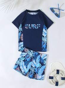 SHEIN Young Boy Swimsuit, Top With Placement Print, Bottom With Random Print - Multicolor - View 3