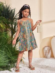 SHEIN Vestido de tirantes informal y minimalista, cómodo con estampado retro para niña preadolescente - Multicolor - Ver 6