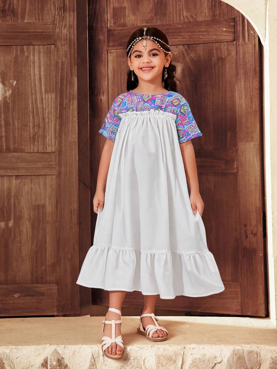 SHEIN Lose sitzende Lässig kleid für Kleine Mädchen mit gewebtem geometrischem Muster und Rundhalsausschnitt - Blau - Übersicht 1