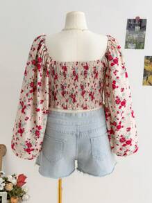 SHEIN WYWH 大码女式方领复古花卉印花灯笼袖衬衫，适合假期、秋冬季 - 彩色 - 查看 2