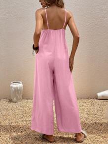 Breezaya Women's Fashionable Solid V-Neck Pleated Loose Strap Jumpsuit - Baby Pink - View 2