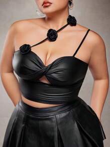 SHEIN ICON Plus Size Black Elastic Knit Front Twist Tank Top For Women, 3D Floral Decor Tank Top