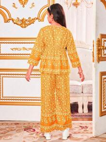 Tween Girl Retro Print Ruffle Hem Long Sleeve 2 Pieces Outfit, Suitable For Vacation - Yellow - View 2